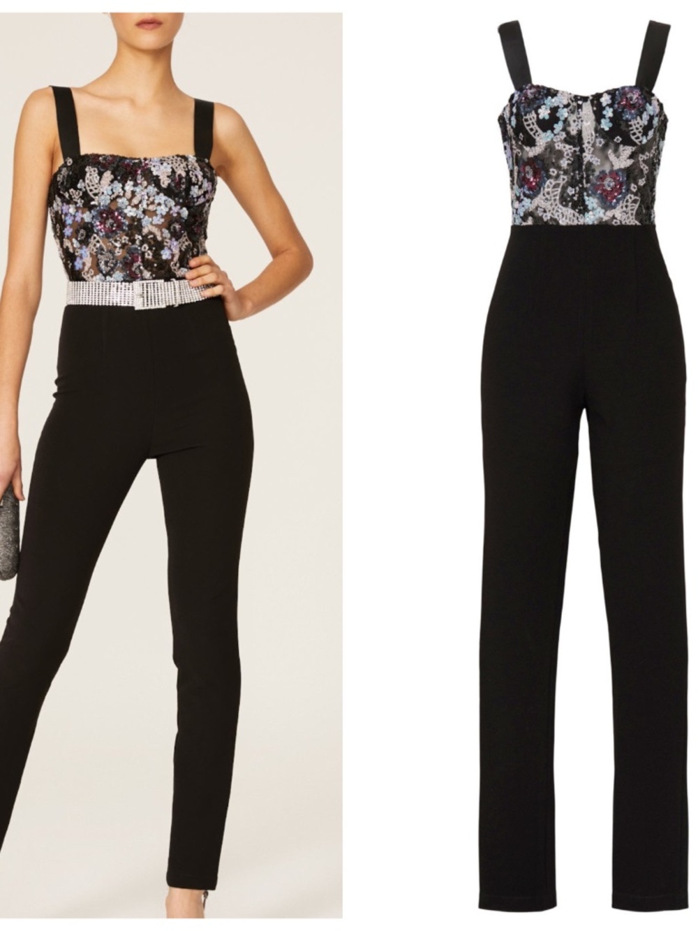 Bronx and Banco Annabell Sequined Sequin Floral Jumpsuit Black Bustier - Size XS